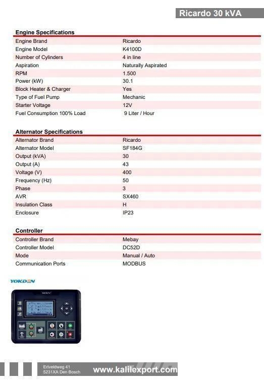 Ricardo 30 KVA (24KW) Silent Generator 3 Phase 50HZ 400V N Γεννήτριες ντίζελ