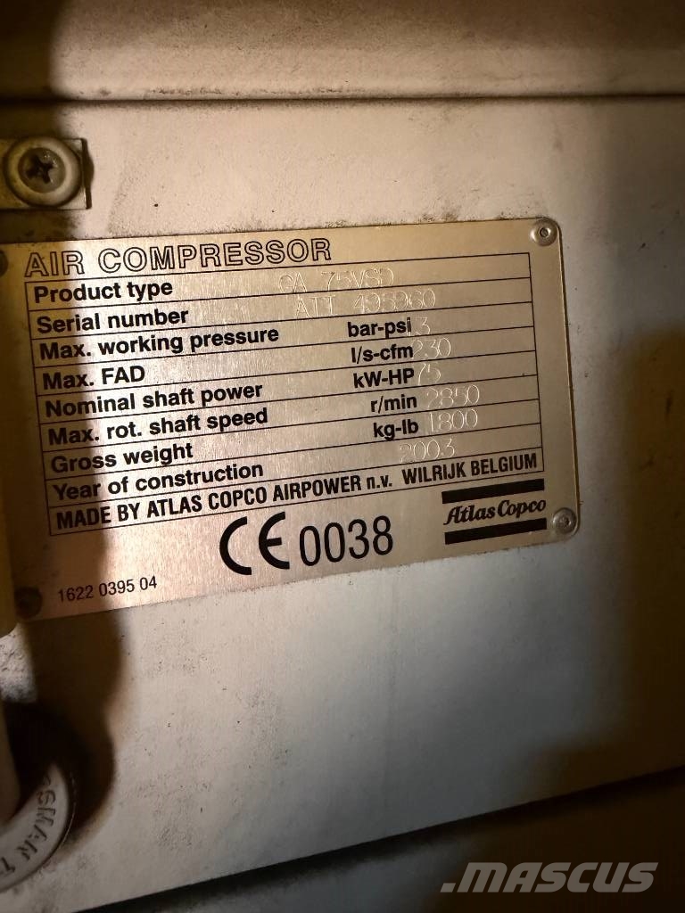 Atlas Copco GA 75VSD kompressor 13bar endast 4200tim 13,8m3/m Kompressorer