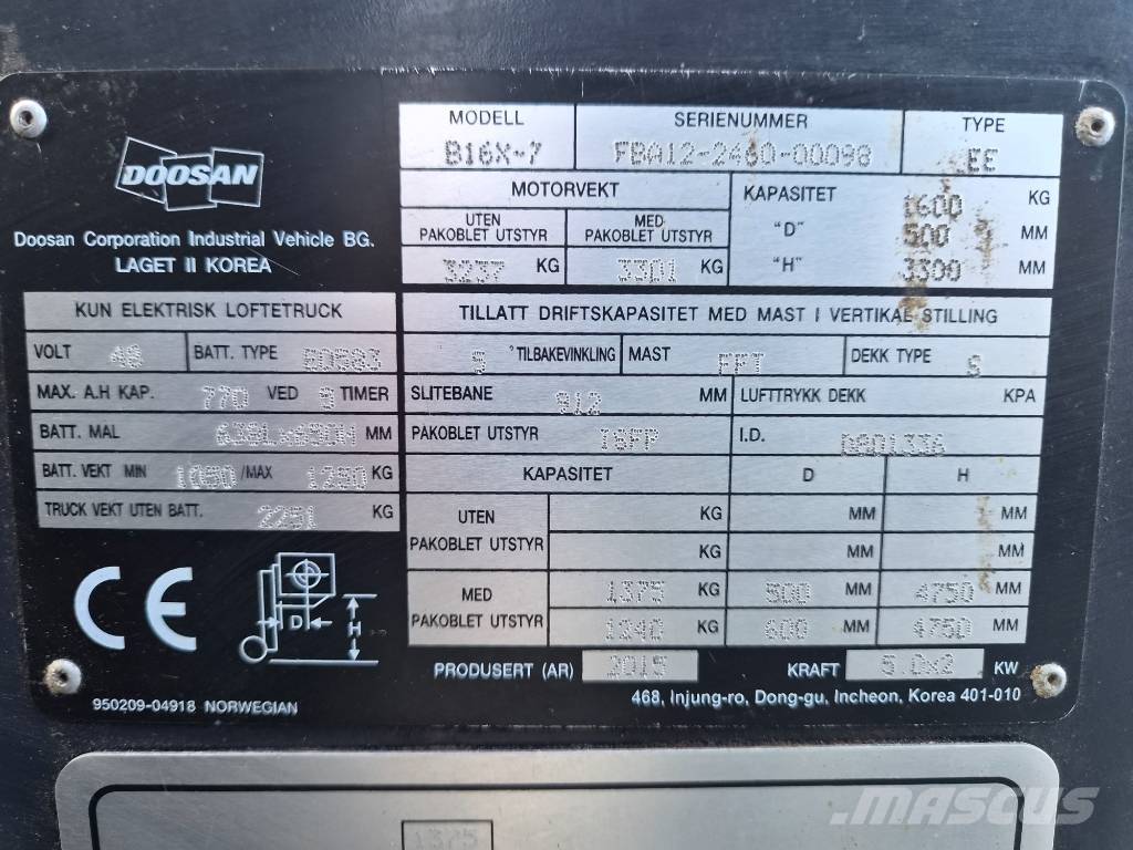 Doosan 1.6 tonns el.truck Electric forklifts