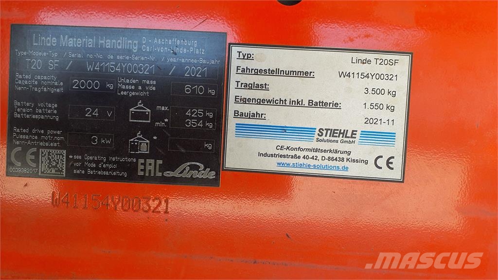 Linde T20SF Ručne vedené vysokozdvižné vozíky