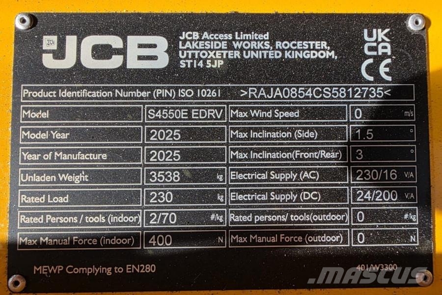 JCB S4550E Valid inspection, 16m Working Height, 230kg Ножични работни платформи