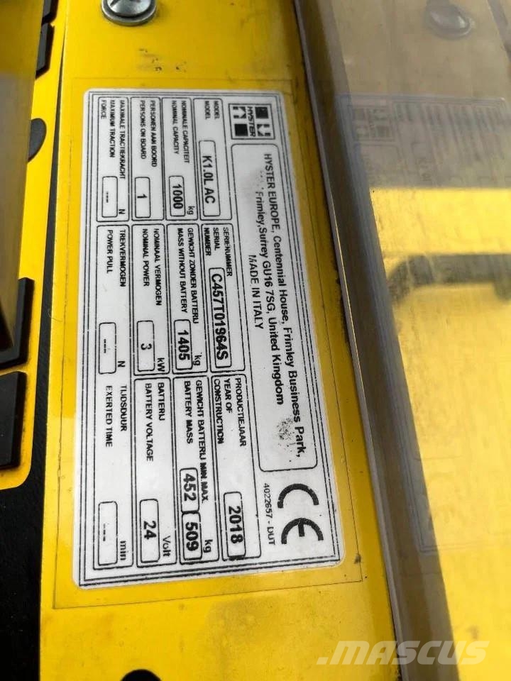 Hyster K1.0L 1000kg Orderpicker / heftruck / stapelaar Préparateur de commande moyenne levée