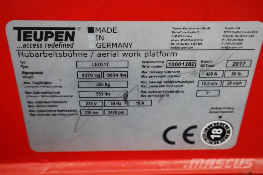 Teupen LEO 31T 230 V Electric Motor + Diesel, Rubber Trac Bomliftar