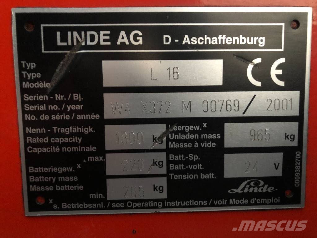Linde L16 /372/ V-3173 OB 핸드 파레트 스태커