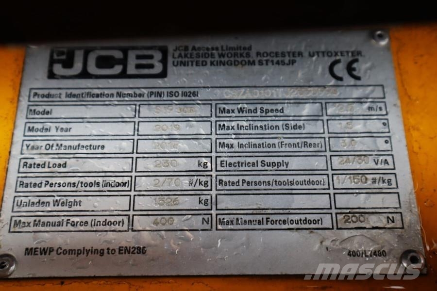 JCB S1930E Valid inspection, 8m Working Height, 230kg Nůžková zvedací plošina