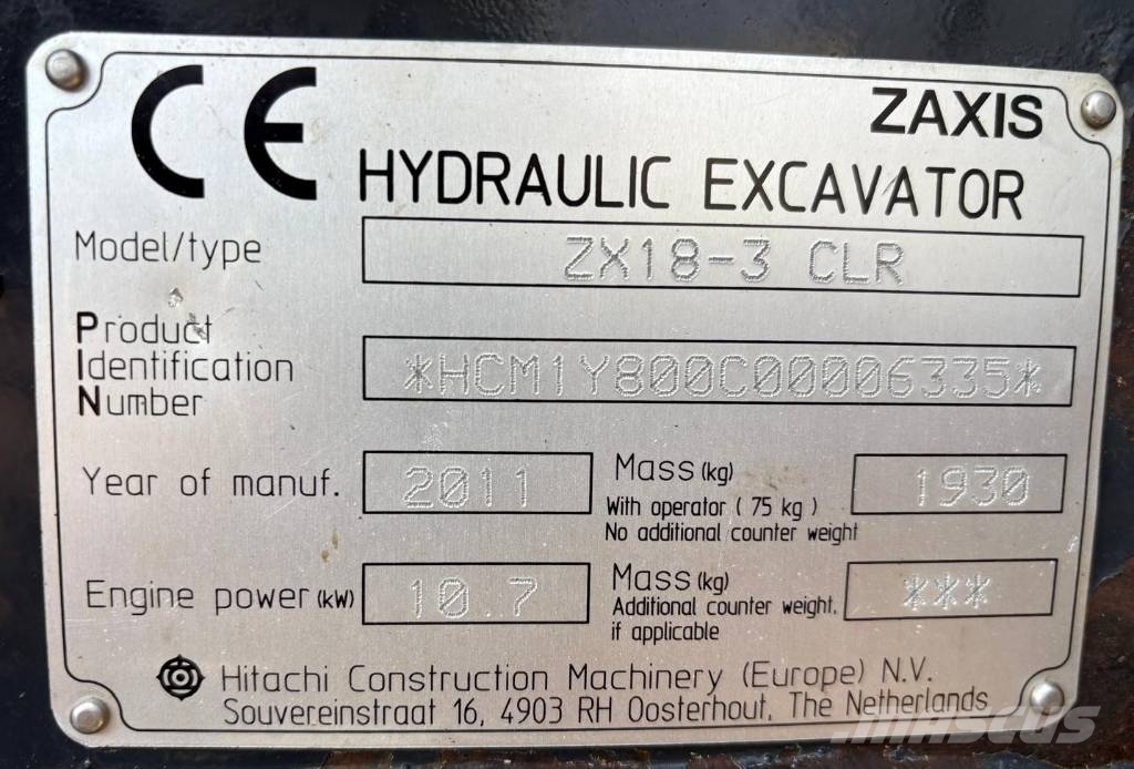 Hitachi ZX 18-3 CLR Mini bagri <7t