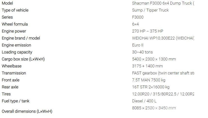 Shacman Used Shacman F3000 6x4 Dump Truck 덤프 트럭