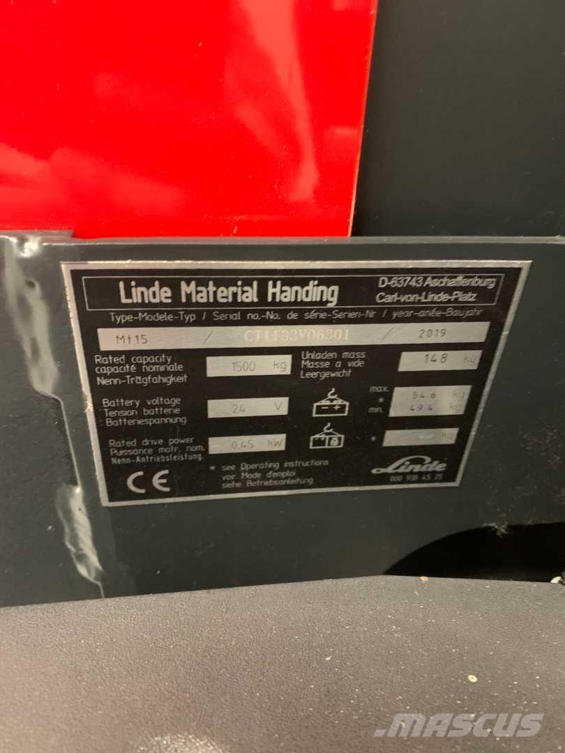 Linde MT15 Παλετοφόρα πεζού χειριστή με ιστό