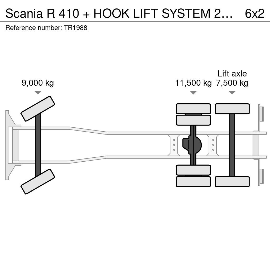 Scania R 410 + HOOK LIFT SYSTEM 25 tons + 6X2 + LIFT AXLE Camiones elevadores de gancho