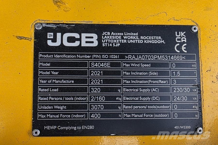 JCB S4046E Valid inspection, 14m Working Height, 320kg 剪式升降機