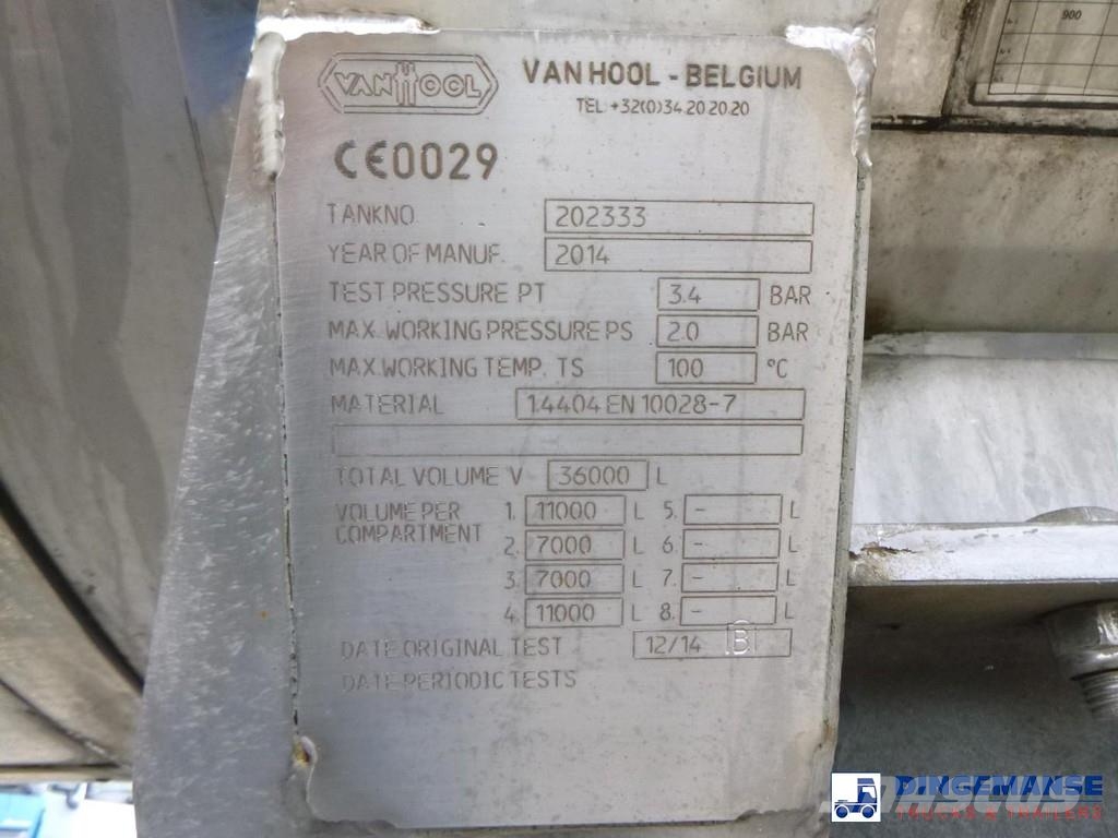 Van Hool Food tank inox 36 m3 / 4 comp + pump Tanktrailer