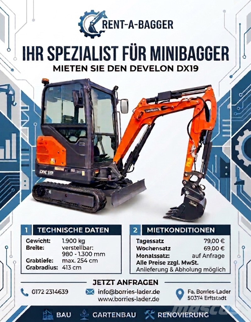 Develon DX19 Mieten Vermieten 79,- Mini bagri <7t
