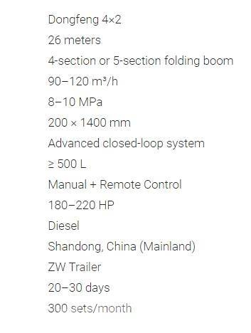 Dongfeng 4x2 26M Concrete Pump Truck Nákladné autá s čerpadlami betónu