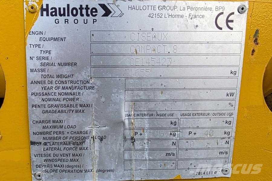 Haulotte Compact 8 Electric, 8.2m Working Height, 350kg Cap Plataformas tijera