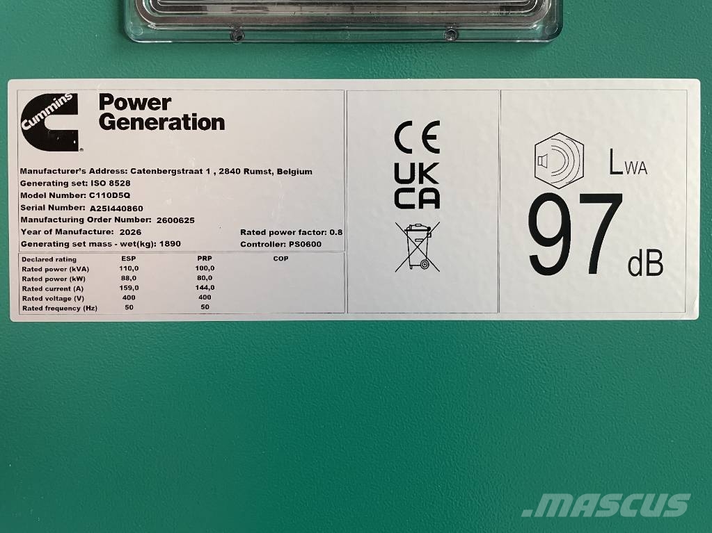 Cummins C110D5Q - 110 kVA Generator - DPX-18509-Q Dīzeļģeneratori