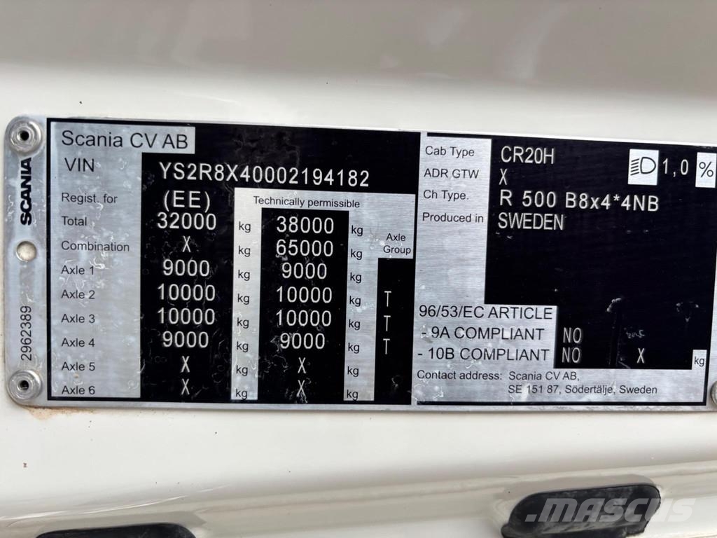 Scania R500 8x4*4 EURO6 + PTO + CHASSIS L8250mm Шасі з кабіною