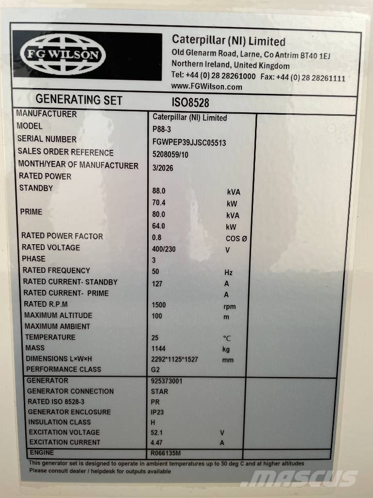 FG Wilson P88-3 - 88 kVA Genset - DPX-16007 Diesel Generatorer