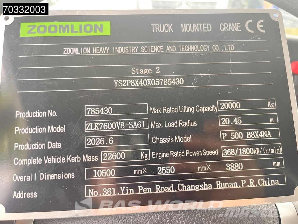 Scania P500 8X4 NEW! Zoomlion ZLK7600V803-2 Crane Kran Re Tovornjaki s kesonom/platojem