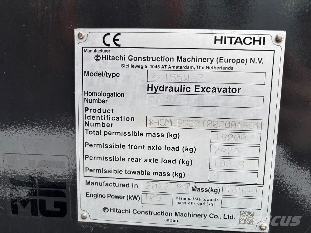 Hitachi ZX 155 W-7 / Rototilt, Rasvari, Lämmitin, StageV Εκσκαφείς με τροχούς - λάστιχα