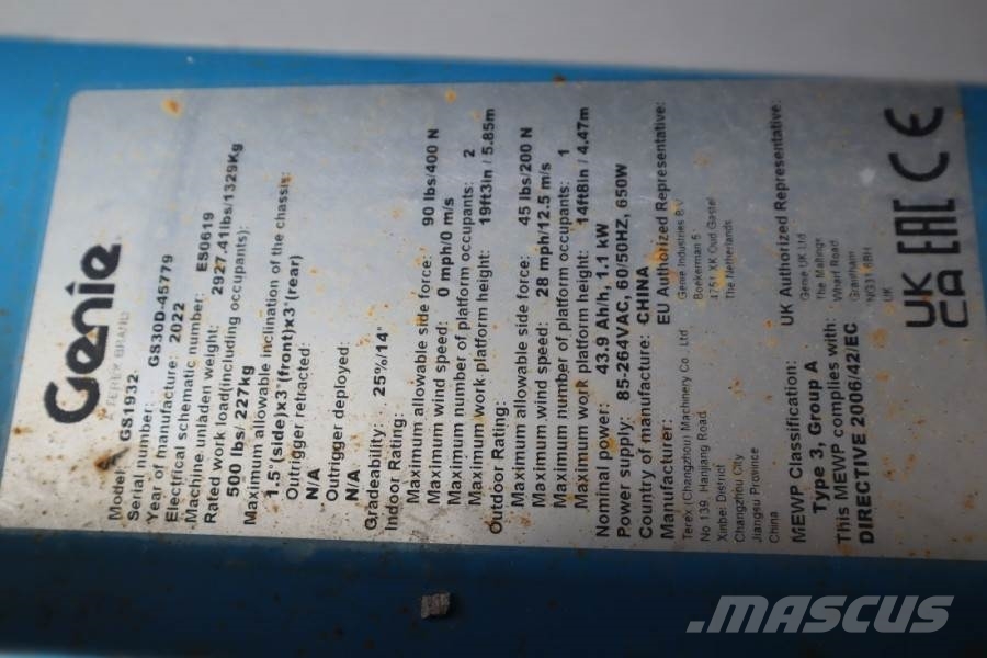 Genie GS1932 E-Drive Several In Stock, 8m Working Height Scheren-Arbeitsbühnen