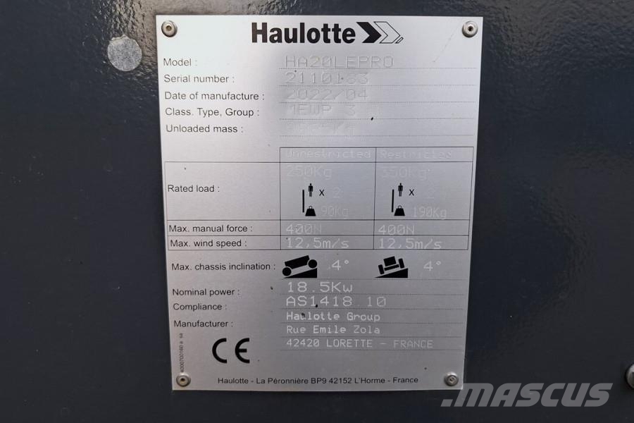 Haulotte HA20LEPRO Valid Inspection, Hybrid, 4x4x4 Drive, 2 ブームリフト　屈伸型
