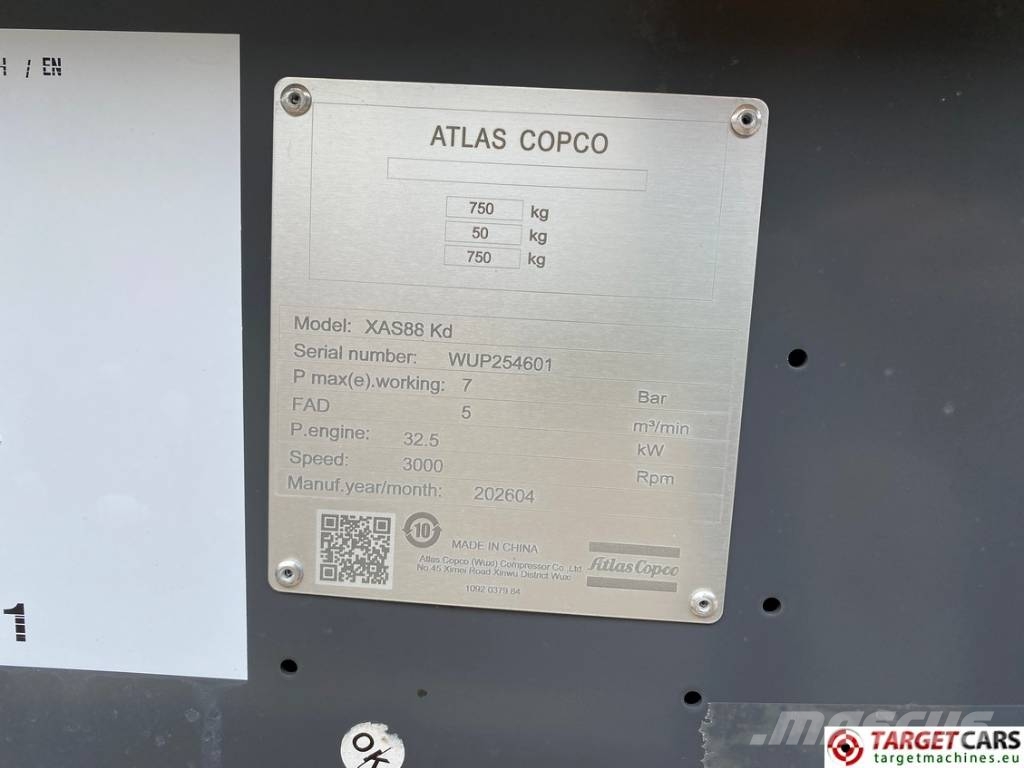 Atlas Copco XAS88 Air Compressor 7Bar 5000L/M New Unused Kompresori