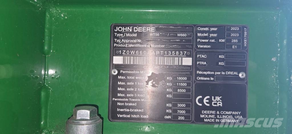 John Deere W 660 i Θεριζοαλωνιστικές μηχανές