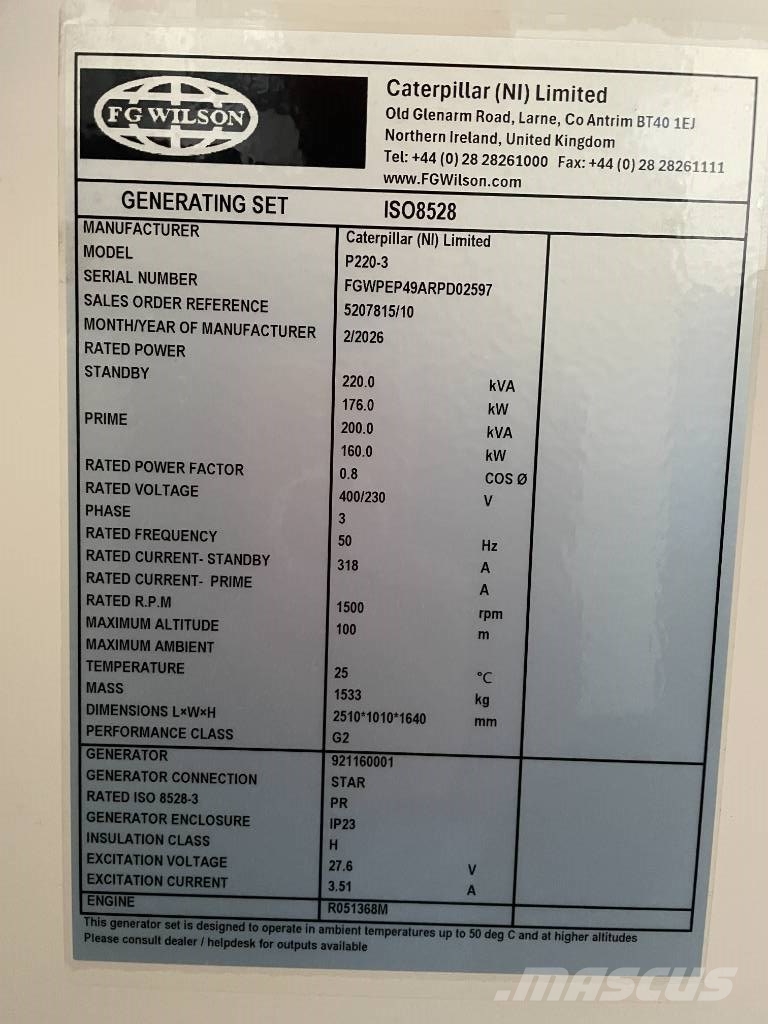 FG Wilson P220-3 - 220 kVA Open Genset - DPX-16012-O Diesel generatoren