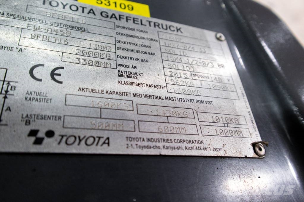 Toyota 8FBET16, motviktstruck med utskjutbara gafflar Elektro Stapler