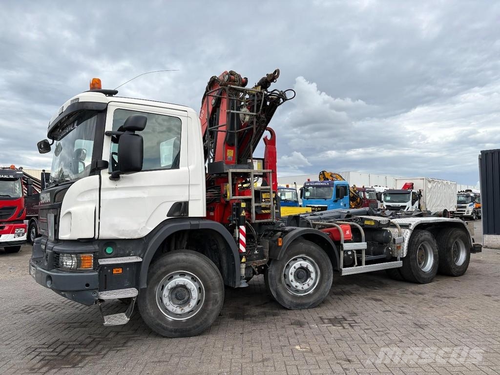 Scania P 410 + FASSI F 165 - 2X EXT. + 8X4 + HOOK ARM SYS Rol kiper kamioni s kukama za dizanje