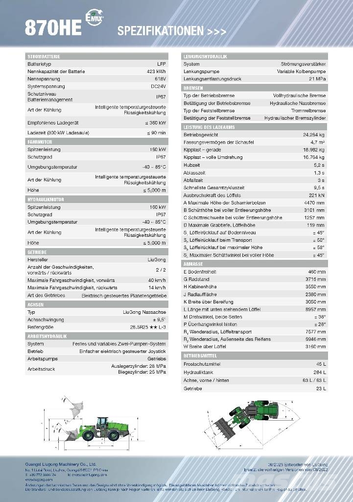 LiuGong 870 HE vollelektrisch, MIETE / RENTAL, 4.7-5.2 cbm Pale gommate