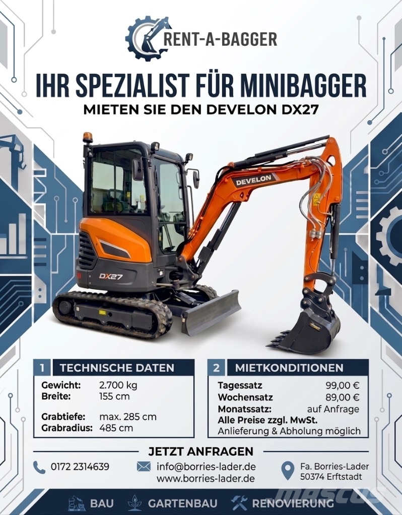 Develon DX27 Mieten Vermieten 99,- Mini bagri <7t