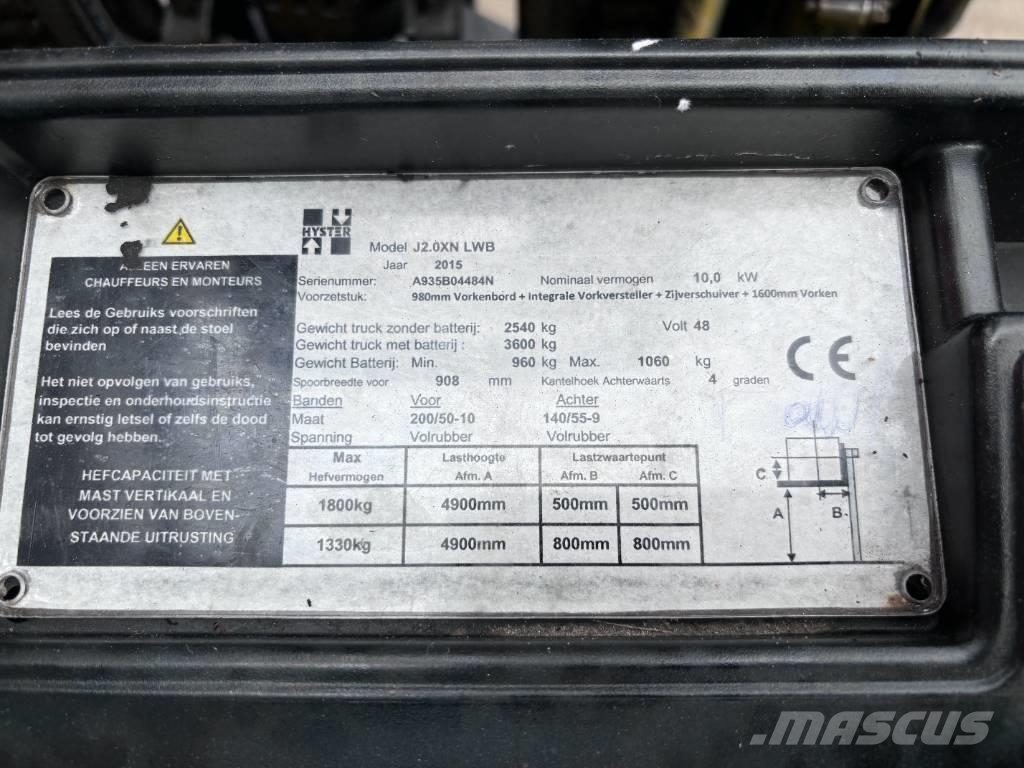 Hyster J2.0 XN LWB 2000 kg triplo/sideshift/ spreader Elektrische heftrucks