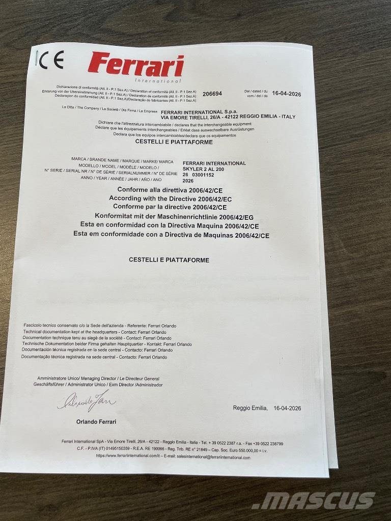 Ferrari Skyler 2 AL 200 Vertikālie pacēlāji