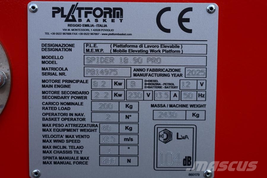 Platform Basket Spider 18.90 PRO CE Declaration, Valid inspection, Съчленени стрелови подемници
