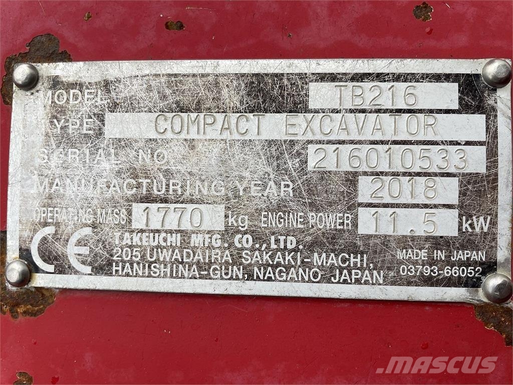 Takeuchi TB216H 旋轉式挖土機/掘鑿機/挖掘機