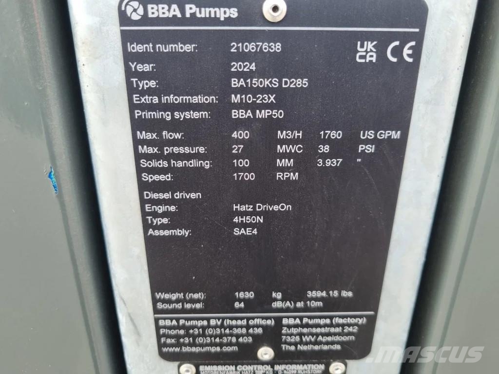 BBA BA150KS D285 with Hatz 4H50N مضخات المياه