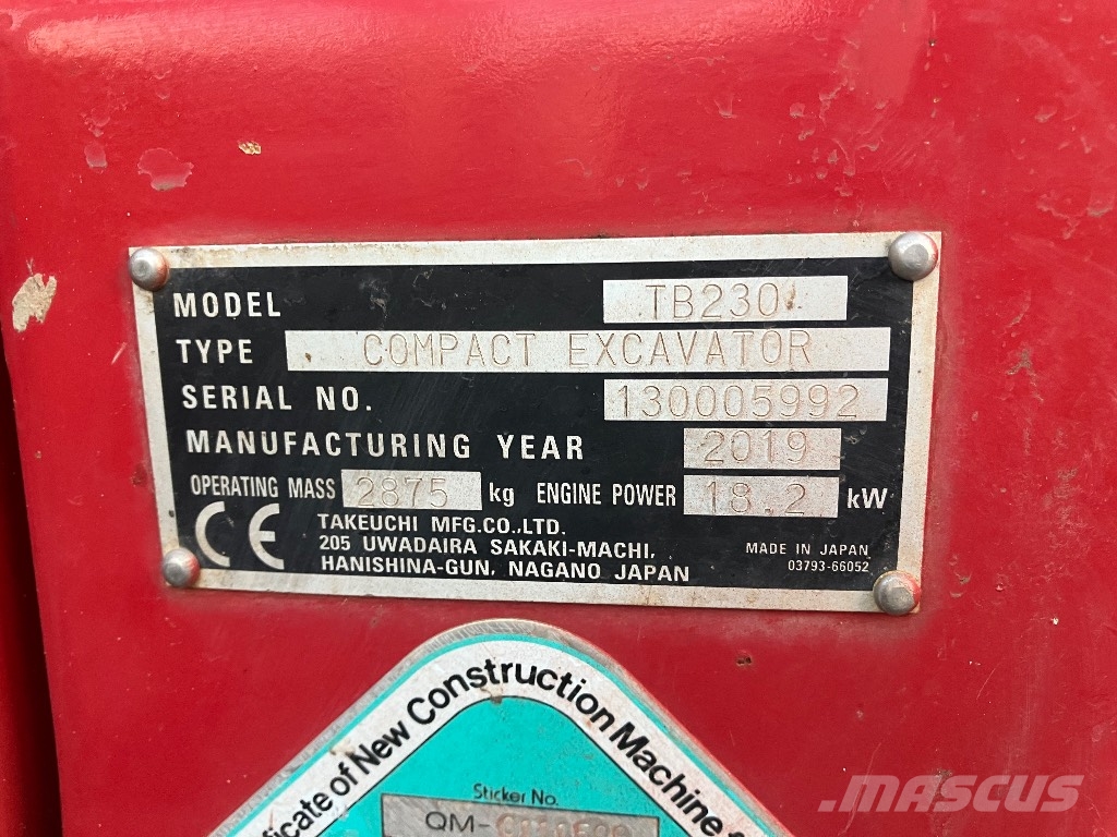 Takeuchi TB 230 Extra minigraver | 1450 u | sloop-sorteer Miniescavatori