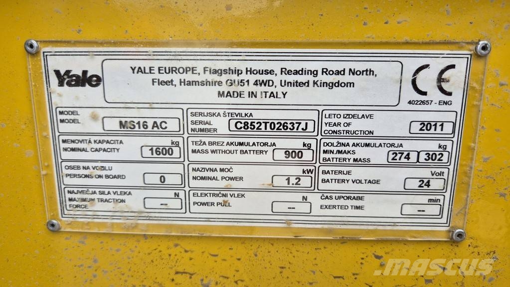 Yale MS16AC - 2011 YEAR - 125 HOURS - TRIPLEX Παλετοφόρα πεζού χειριστή με ιστό