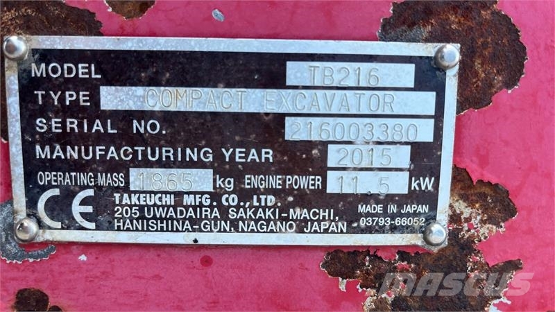 Takeuchi TB216 Hydraulisk hurtig skifte med 30 cm graveskov Mini ekskavatörler, 7 tona dek