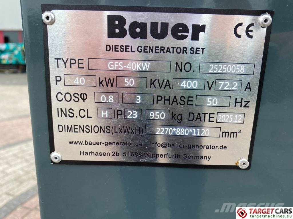 Bauer GFS-40 Diesel 40KW Generator 50KVA 400/230V NEW Diesel Generators