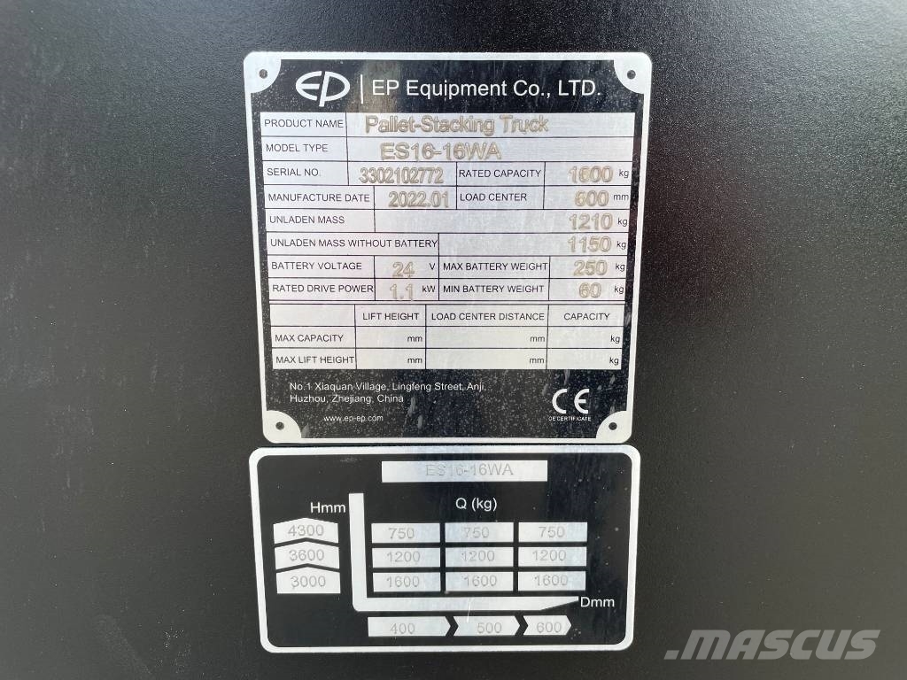 EP ES16, 4300mm, 1600kg Hochhubwagen wie Jungheinrich Schubmaststapler