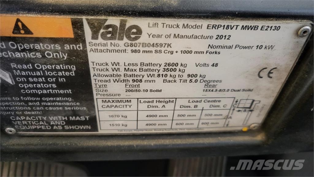Yale ERP18VT MWB E2130 2012 Electric forklifts