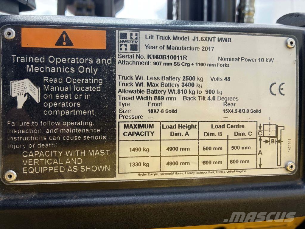 Hyster J 1.6 XNT LWB شاحنات ذات رافعات شوكية تعمل بالكهرباء