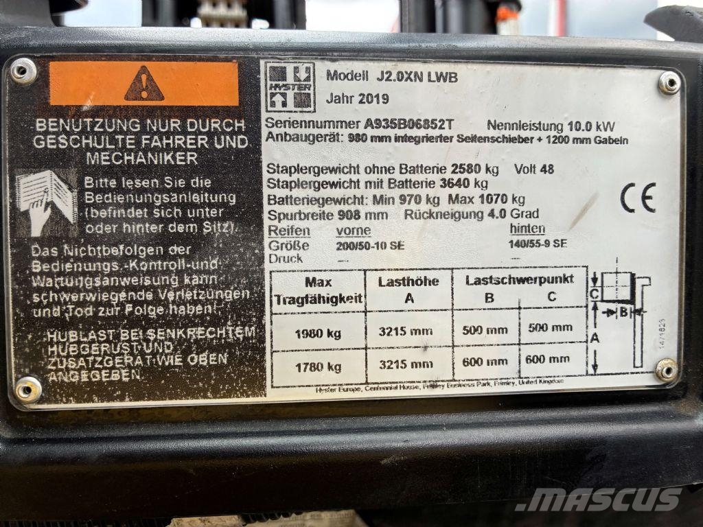 Hyster J 2.0 XN LWB شاحنات ذات رافعات شوكية تعمل بالكهرباء