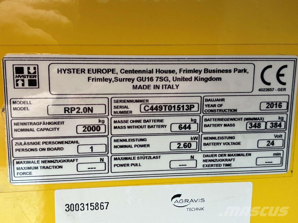 Hyster RP 2.0N Самохідні електроштабелери