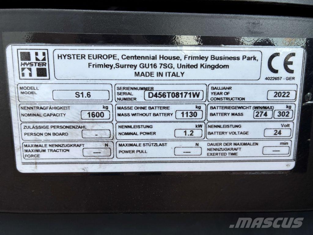 Hyster S 1.6SL 行走控制式堆積機