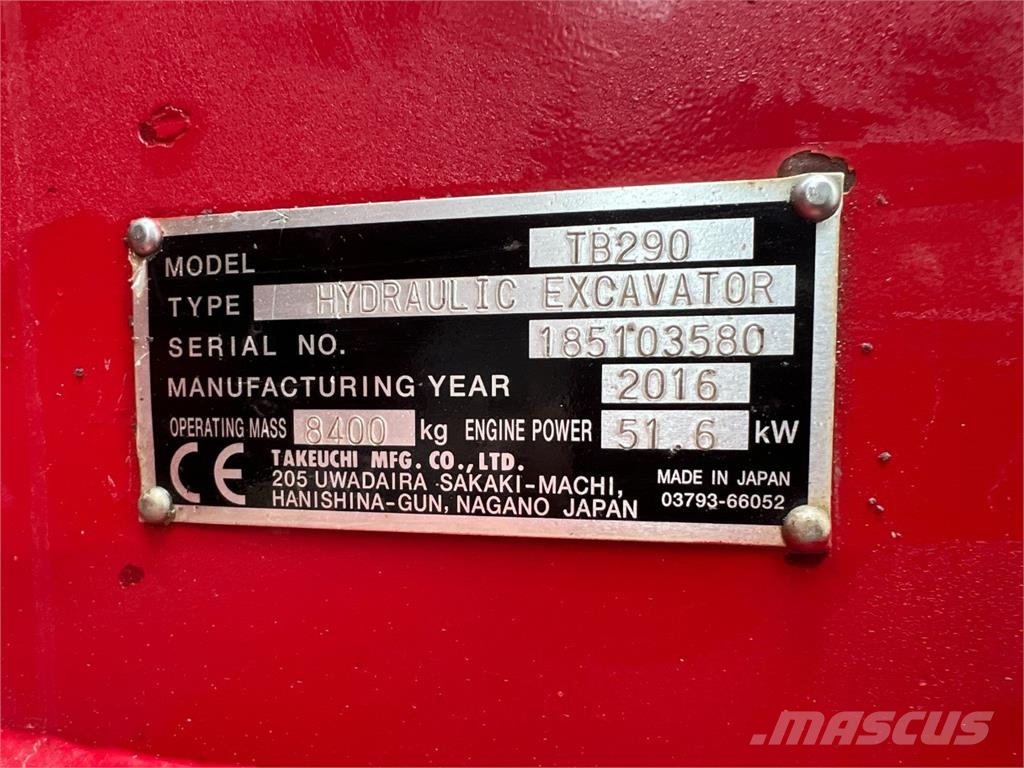 Takeuchi TB 290 - 8.400 kg. / Engcorn rotortilt, centralsmø Crawler excavators