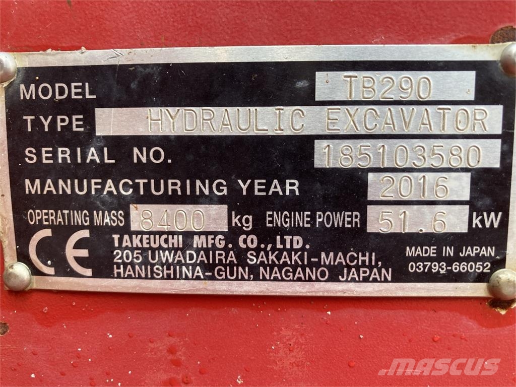 Takeuchi TB 290 - 8.400 kg. / Engcorn rotortilt, centralsmø Εκσκαφείς με ερπύστριες