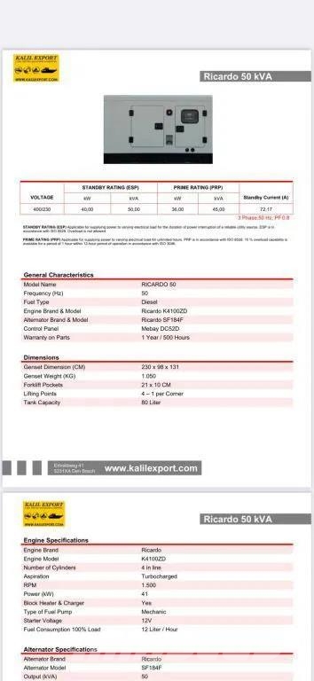 Ricardo 50 KVA (40KW) Silent Generator 3 Phase 50HZ 400V N Γεννήτριες ντίζελ